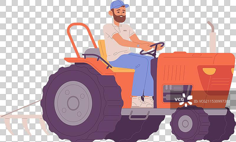 骑着拖拉机的农民角色在田间工作图片素材