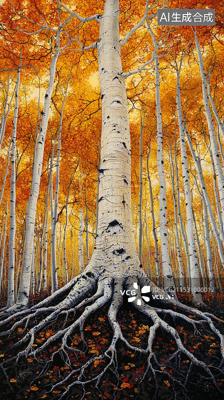 【AI数字艺术】秋季白桦树林金黄落叶风景图片素材