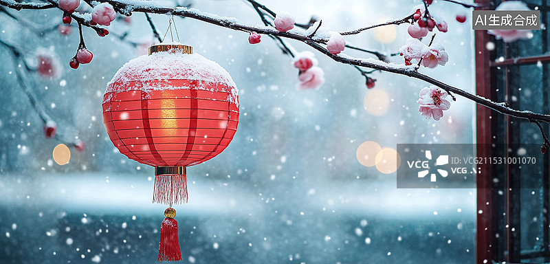 【AI数字艺术】大雪中红梅上的灯笼图片素材