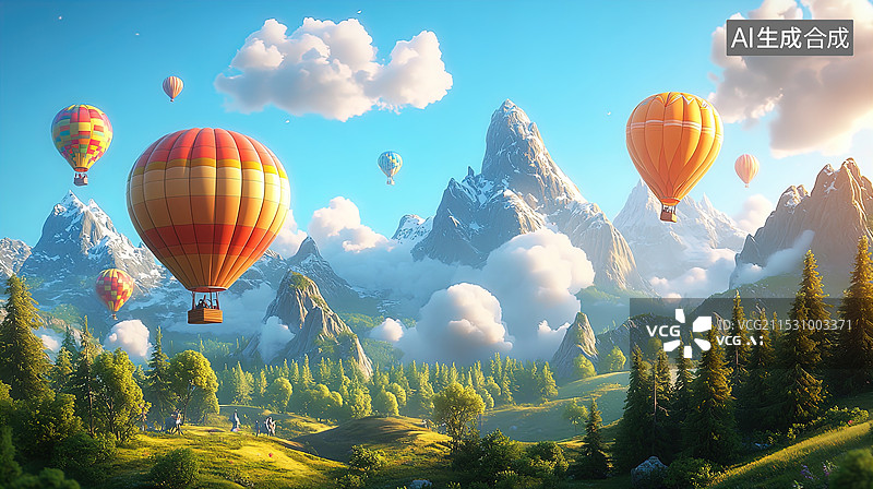【AI数字艺术】热气球飞越山谷图片素材