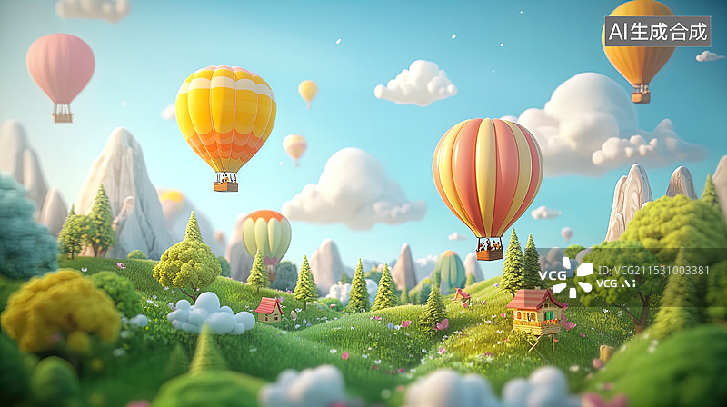 【AI数字艺术】热气球飞越山谷图片素材