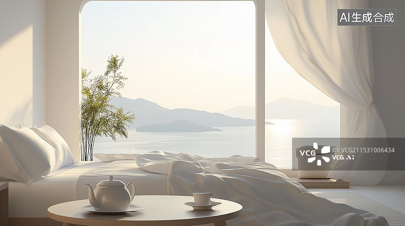 【AI数字艺术】极简白色现代卧室图片素材