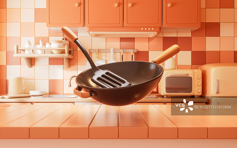 卡通风格厨房里的锅三维渲染图片素材