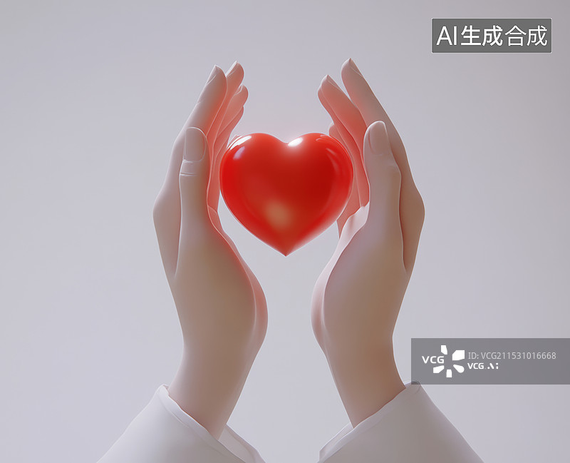 【AI数字艺术】一双手戴着白色手套，捧着一颗红色的心形物体。这可能象征着医疗保健、爱心和关怀。图片素材