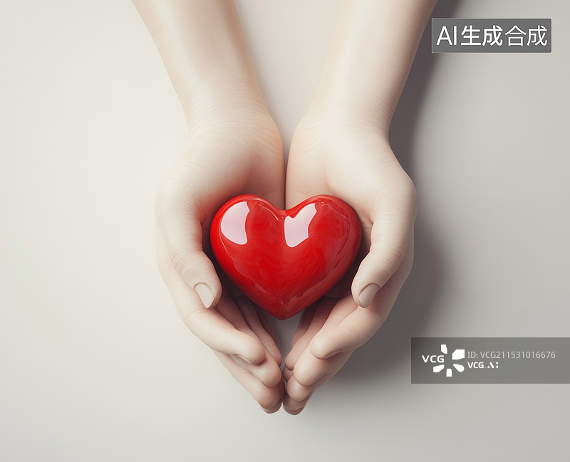 【AI数字艺术】一双手戴着白色手套，捧着一颗红色的心形物体。这可能象征着医疗保健、爱心和关怀。图片素材