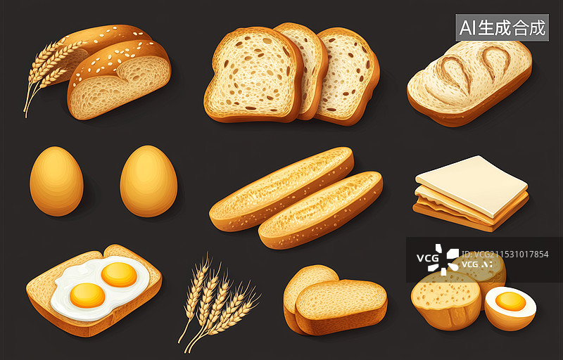 【AI数字艺术】一系列面包和烘焙食品的插画。背景为黑色，突显了各种不同类型的面包、糕点和其他相关物品。图片素材