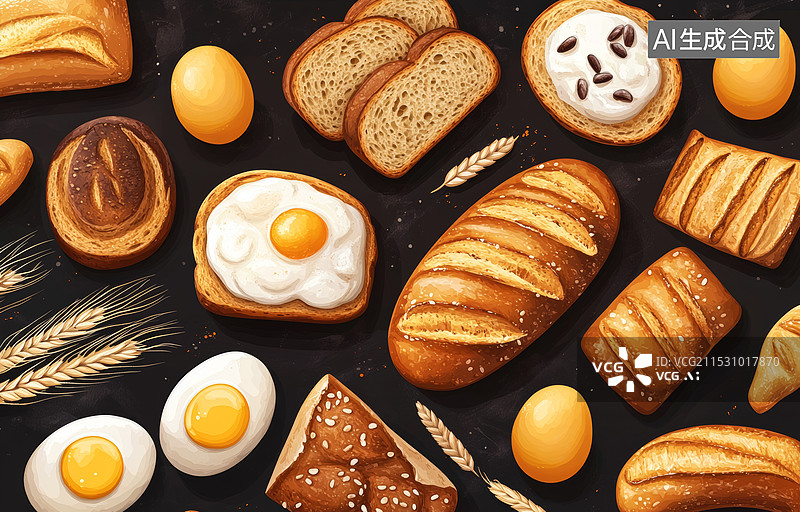 【AI数字艺术】一系列面包和烘焙食品的插画。背景为黑色，突显了各种不同类型的面包、糕点和其他相关物品。图片素材