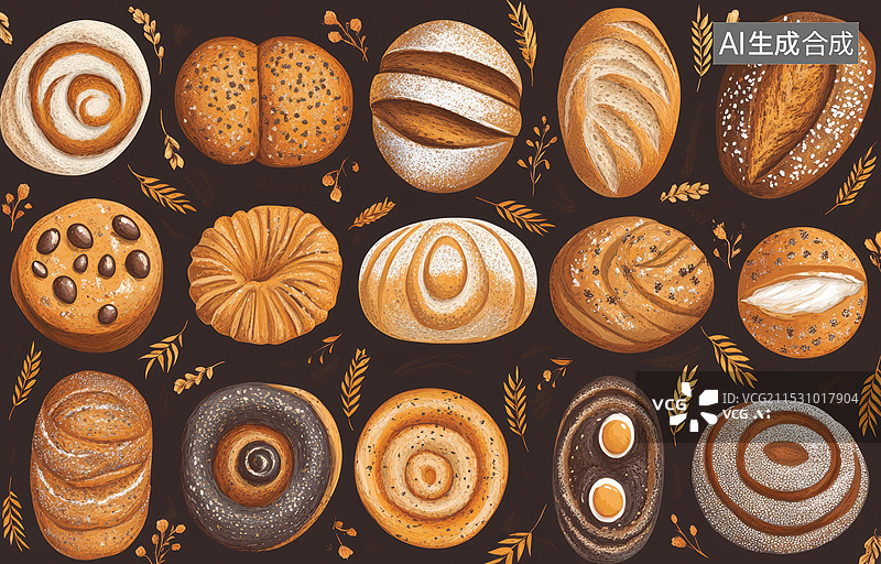 【AI数字艺术】一系列面包和烘焙食品的插画。背景为黑色，突显了各种不同类型的面包、糕点和其他相关物品。图片素材