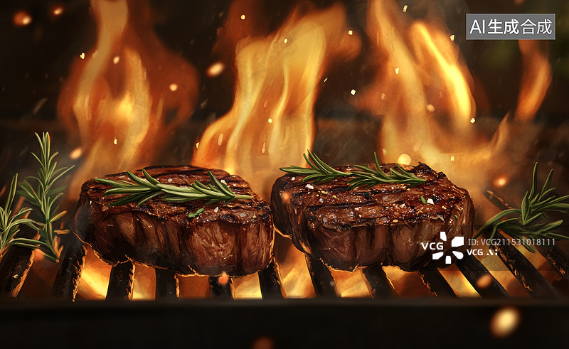 【AI数字艺术】几块在火焰中烤制的牛排，表面金黄酥脆，上面点缀着迷迭香。背景是熊熊燃烧的火焰，给人一种热烈和诱人的感图片素材