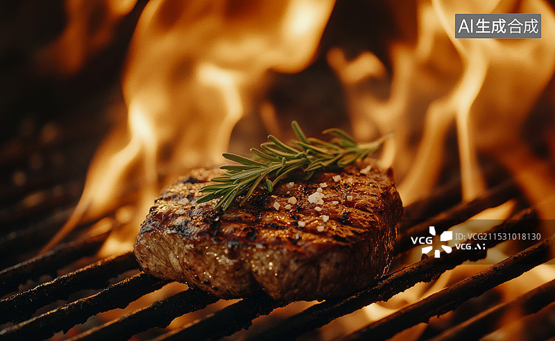 【AI数字艺术】几块在火焰中烤制的牛排，表面金黄酥脆，上面点缀着迷迭香。背景是熊熊燃烧的火焰，给人一种热烈和诱人的感图片素材