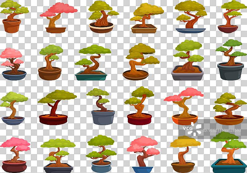 卡通日本盆栽树图标集图片素材