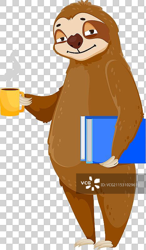 搞笑的卡通树懒角色拿着咖啡杯图片素材