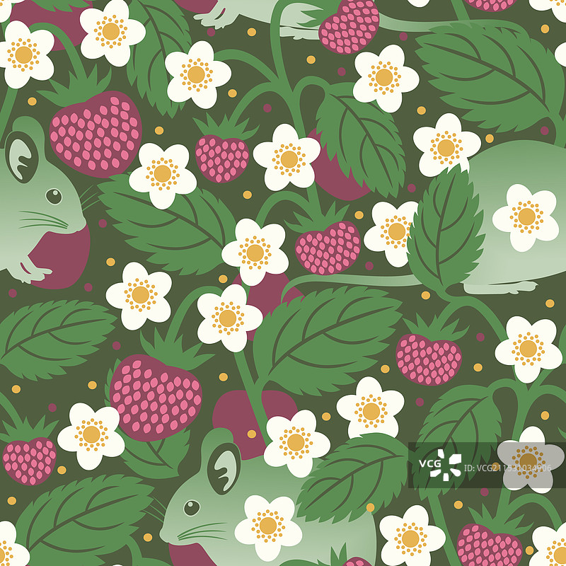 可爱的小老鼠与浆果的无缝图案图片素材