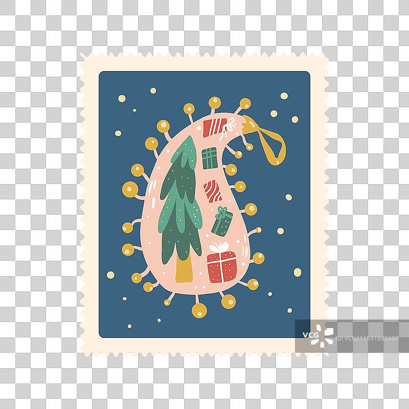 圣诞邮票图案的玻璃球饰品，带有佩斯利花纹图片素材