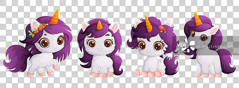 一组四只快乐可爱的奶油独角兽图片素材