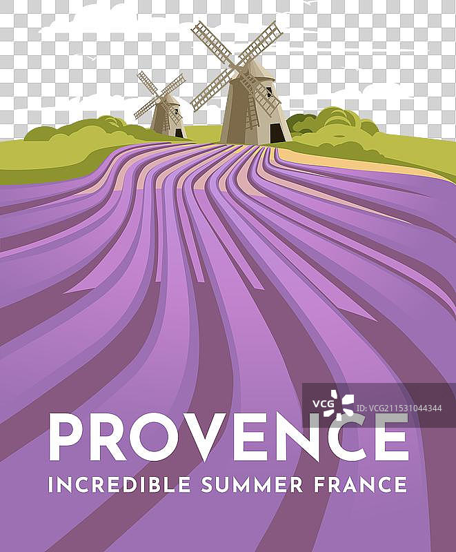 普罗旺斯的薰衣草田和风车经典景观图片素材