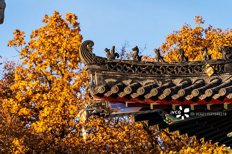 深秋时节药泉山风景区的钟灵寺图片素材