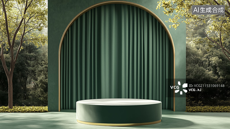 【AI数字艺术】3D绿色窗帘拱门森林风景圆形电商产品展台图片素材