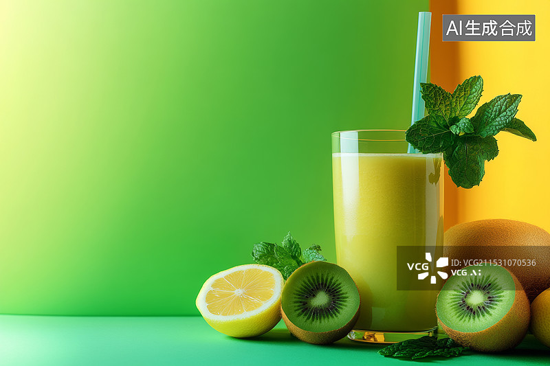 【AI数字艺术】一杯绿色的冰沙，旁边摆放着一些水果和薄荷叶。背景是渐变的绿色调，光线从上方照射下来图片素材