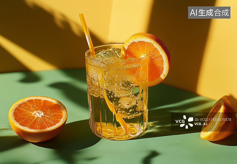 【AI数字艺术】一杯绿色的冰沙，旁边摆放着一些水果和薄荷叶。背景是渐变的绿色调，光线从上方照射下来图片素材