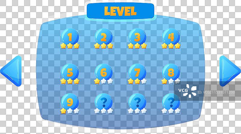 蓝色游戏关卡选择界面，带有编号图片素材