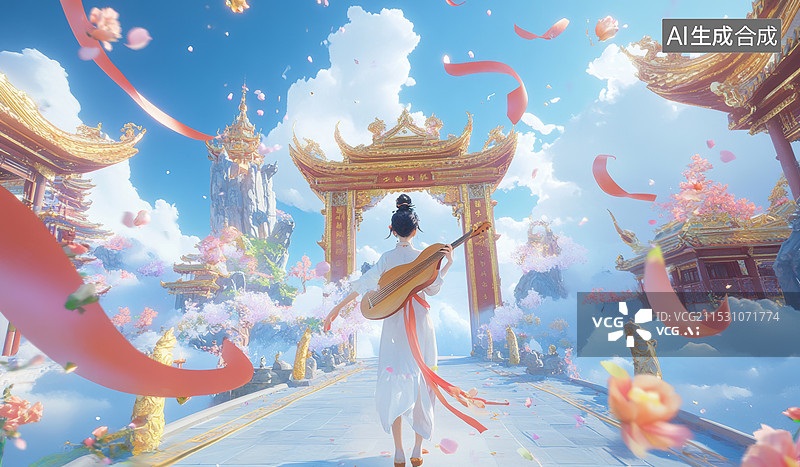 【AI数字艺术】一幅描绘古代女性跳舞的插画，她身穿华丽的传统服饰，裙摆随风飘扬。背景简洁，突显了人物和服装的细节。图片素材