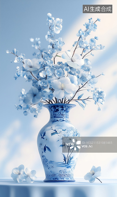 【AI数字艺术】蓝色插满鲜花的青花瓷瓶插画图片素材