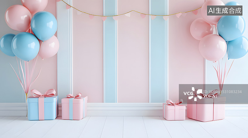 【AI数字艺术】粉色与蓝色气球礼盒背景图片素材