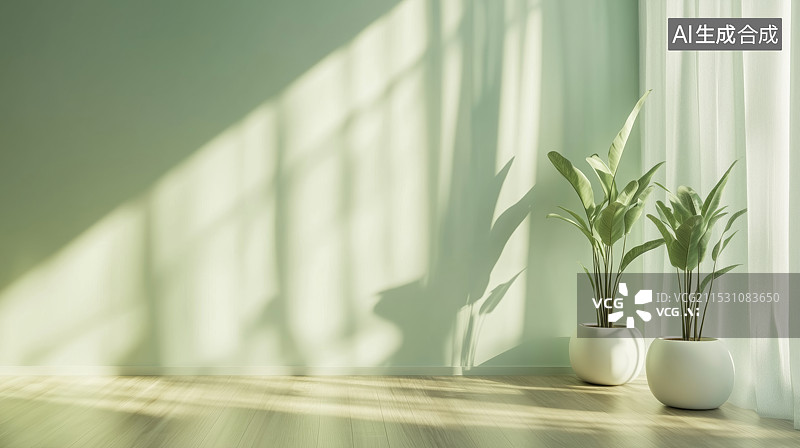 【AI数字艺术】3D室内绿色小清新光影地面三维空间场景图片素材
