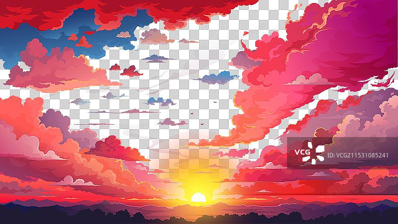 红色天空的日落动漫背景，配有蓬松的云朵图片素材