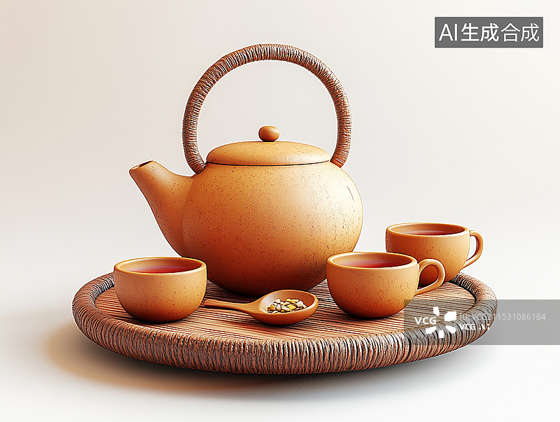 【AI数字艺术】黄褐色的茶具与小勺子图片素材