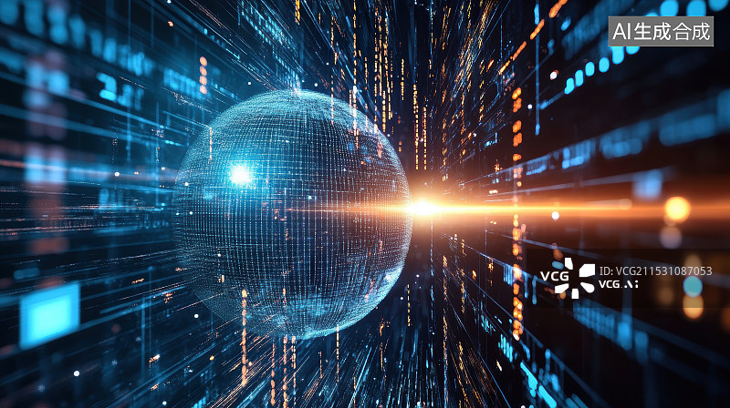 【AI数字艺术】蓝色发光抽象科技背景 数字星球图片素材