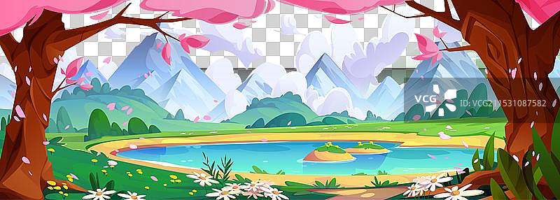 湖边和山脉附近的粉色花树图片素材