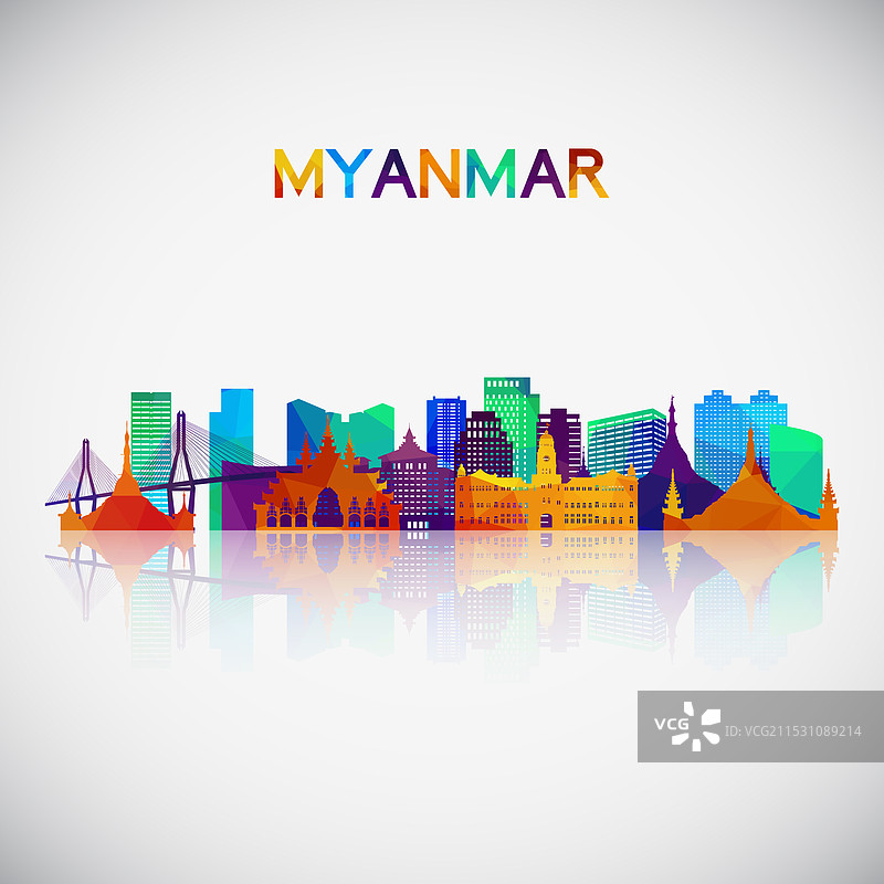 缅甸仰光天际线剪影色彩斑斓图片素材