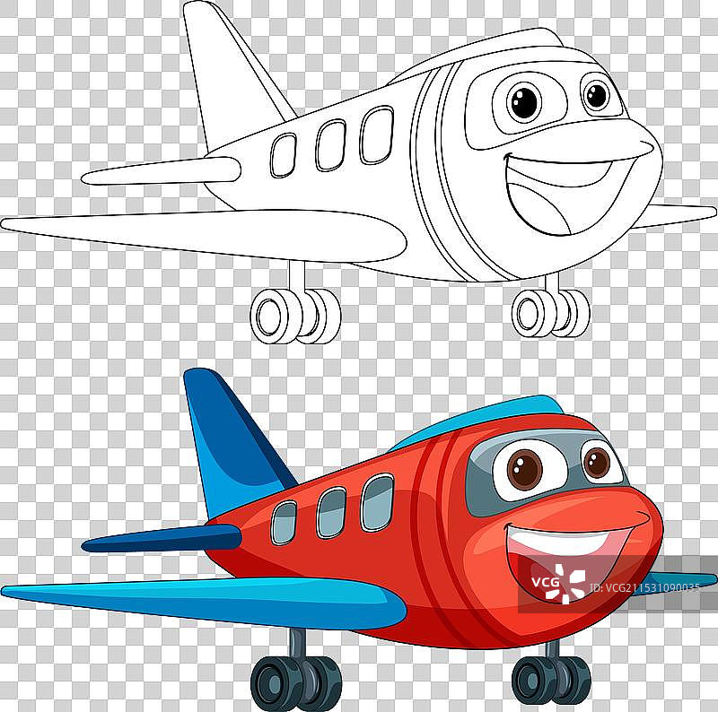 色彩丰富且轮廓分明的卡通飞机微笑着图片素材