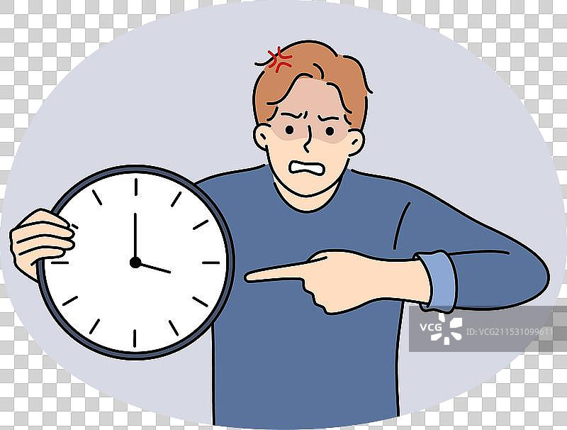 愤怒的男人指着时钟图片素材