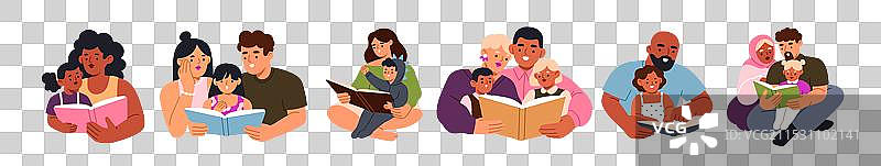 一家人一起阅读，父母和小孩。图片素材