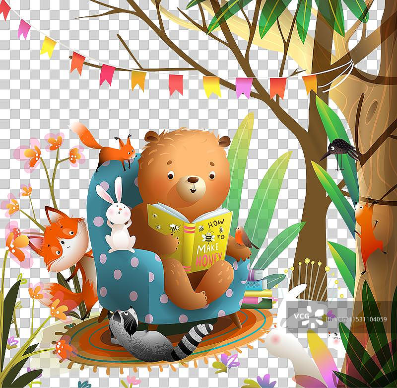 熊在森林中阅读书籍，动物们在旁倾听。图片素材