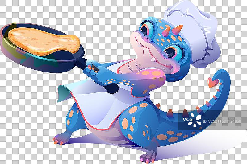 可爱的蓝色龙厨师在煎锅里做煎饼图片素材