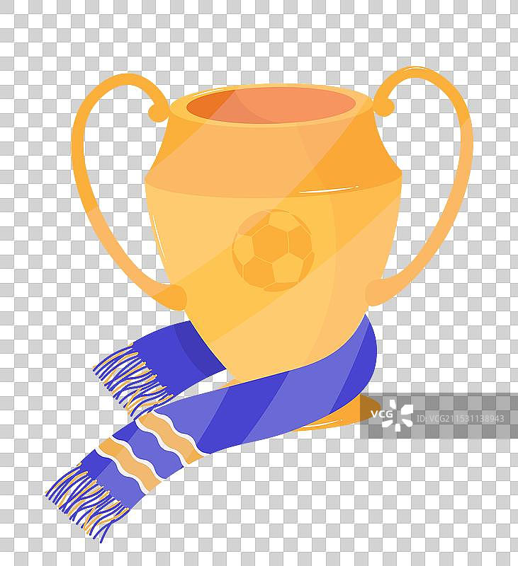 金色奖杯上系着蓝色和黄色的围巾图片素材