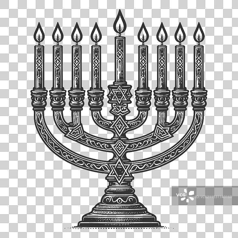点燃蜡烛的哈努卡烛台雕刻图片素材