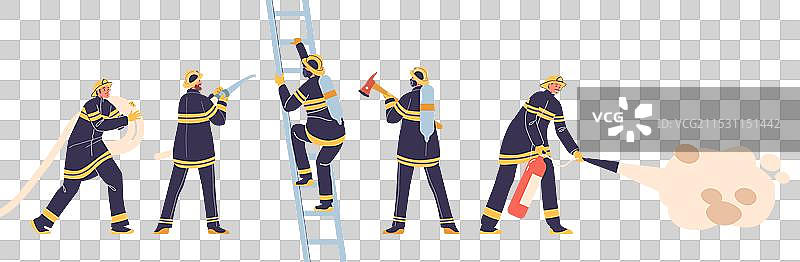 一组熟练的消防员齐心协力工作图片素材