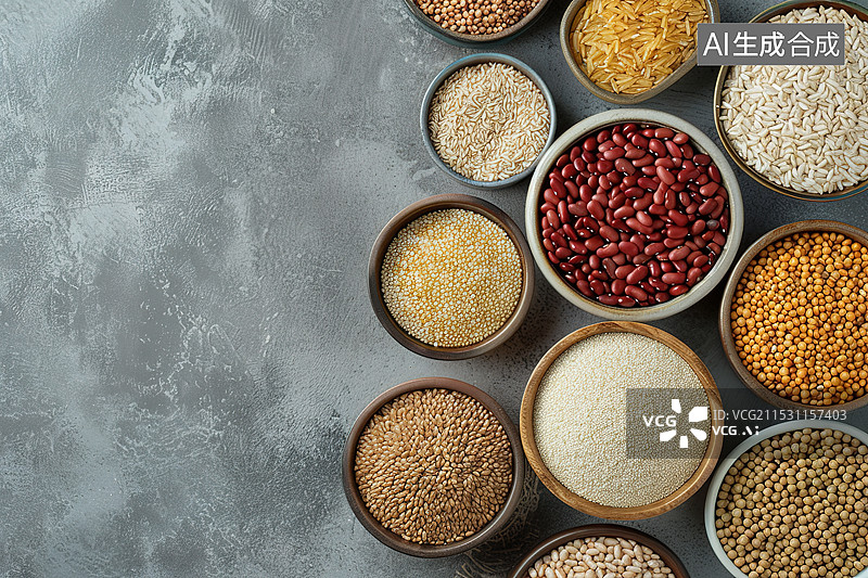 【AI数字艺术】水泥桌面背景下的各类五谷谷类食物图片素材