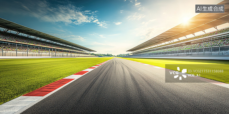 【AI数字艺术】阳光下的F1方程式赛车赛道低角度风景图片素材