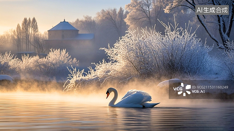【AI数字艺术】冬季下雪天湖面雾气雾凇天鹅图片素材