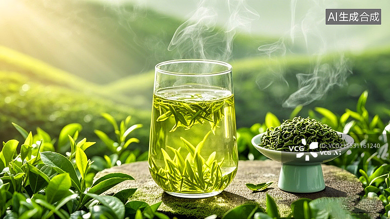 【AI数字艺术】绿色茶园背景一杯冒热气的中国绿茶图片素材