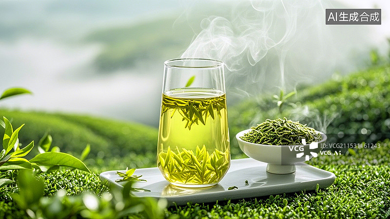 【AI数字艺术】绿色茶园背景一杯冒热气的中国绿茶图片素材