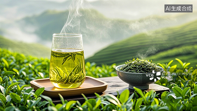 【AI数字艺术】绿色茶园背景一杯冒热气的中国绿茶图片素材