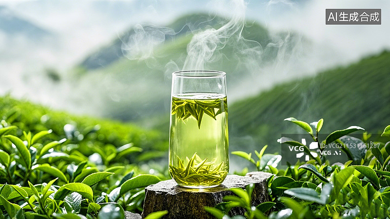 【AI数字艺术】绿色茶园背景一杯冒热气的中国绿茶图片素材