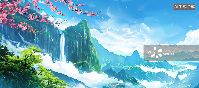 【AI数字艺术】国潮千里江山风景插画图片素材